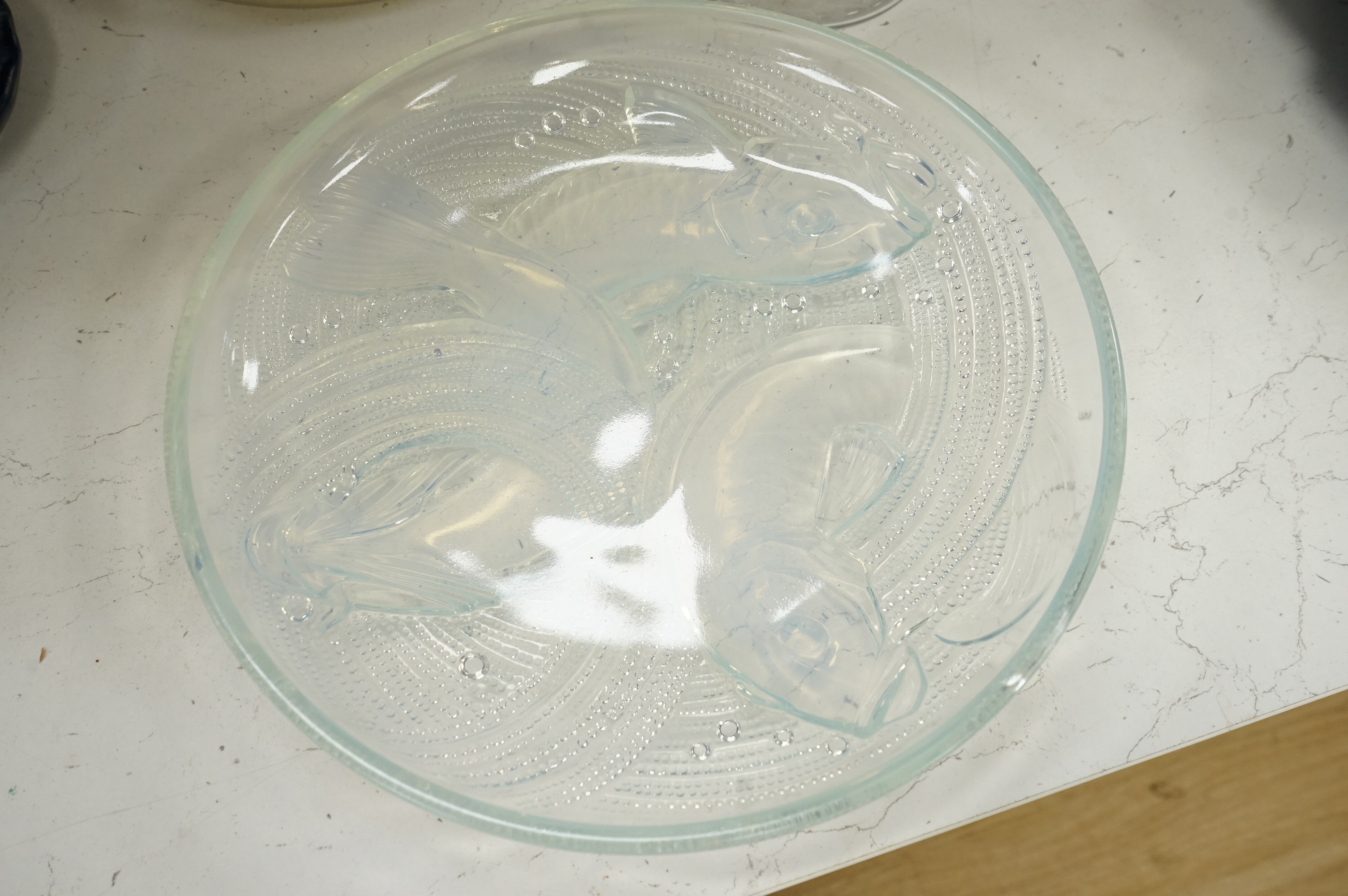 A Baccarat Argentina botanical decanter and a stopper, a Lalique-style opalescent dish and a glass lustre bowl, largest 30cm in diameter